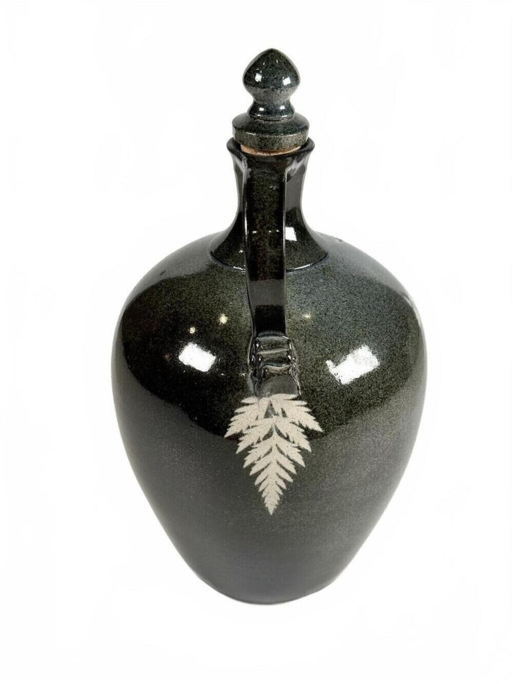 Vintage Studio Stoneware Ewer Pitcher Decanter Black Botanical Floral Signed - Picture 5 of 9